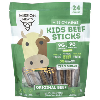 Mission Meats, Mission Minis, Barritas de carne de res para niños, Carne de res original, 24 barritas, 0,5 oz cada una