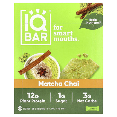 Iqbar , Plant Protein Bar, Matcha Chai, Bars, 1.6 Oz (45 G) Each Size 12