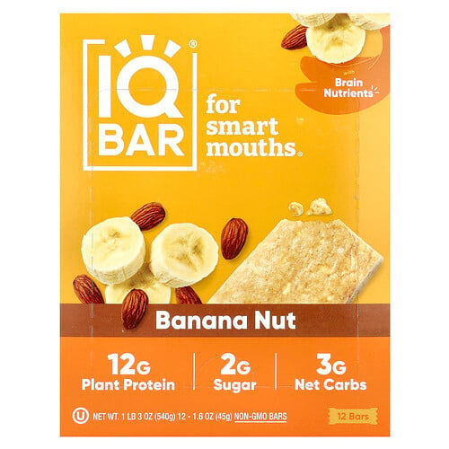 Iqbar Plant Protein Bar, Banana Nut, 12 Bars, 1.6 oz (45 g) Each
