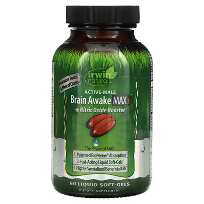 

Irwin Naturals Brain Awake Max 3 + бустер с оксидом азота, 60 желатиновых капсул