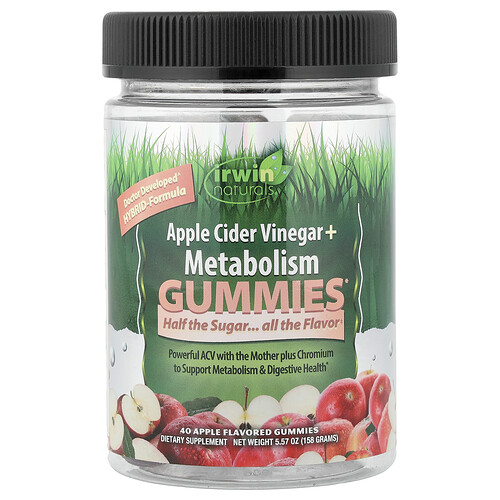 Irwin Naturals Apple Cider Vinegar + Metabolism Gummies, Apple, 40 Gummies (500 mg per Gummy)