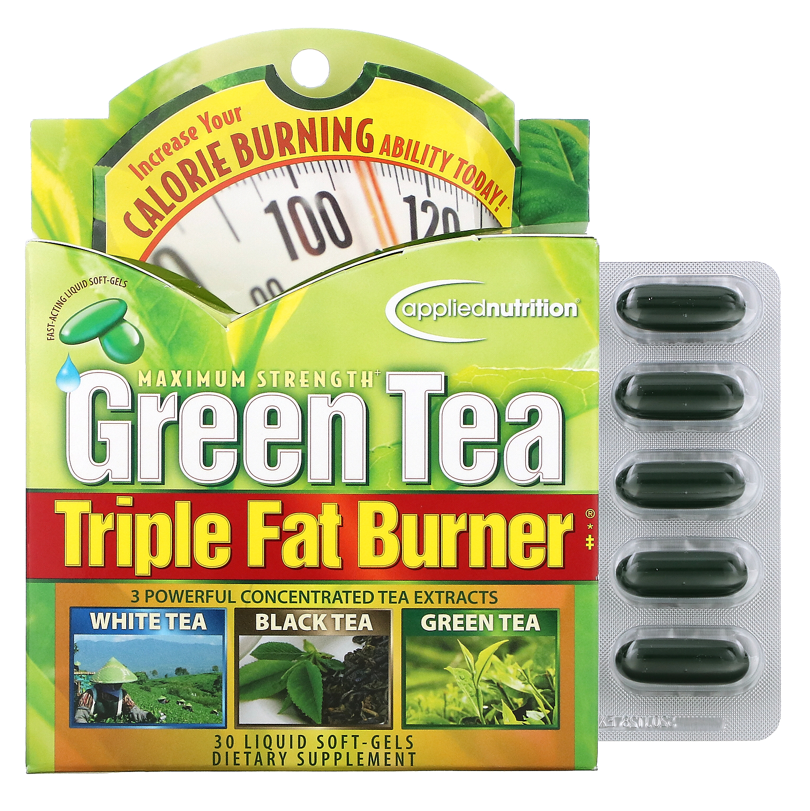 Тройной сжигатель жира с зеленым чаем, 30 мягких капсул с жидкостью