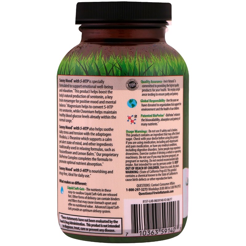 Irwin Naturals, Sunny Mood with 5HTP, Plus Vitamin D3, 80 Liquid SoftGels iHerb