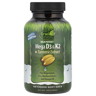 Irwin Naturals, Megavitaminas D3 y K2 de alta potencia más extracto de cúrcuma, 60 cápsulas blandas con contenido líquido
