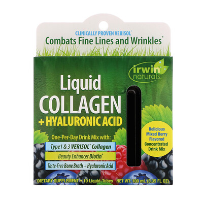 Irwin Naturals Liquid Collagen + Hyaluronic Acid, Mixed Berry, 10 Liquid-Tubes, 10 ml Each