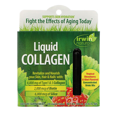 Irwin Naturals Liquid Collagen, Tropical Strawberry & Kiwi, 10 Liquid-Tubes, 10 ml Each