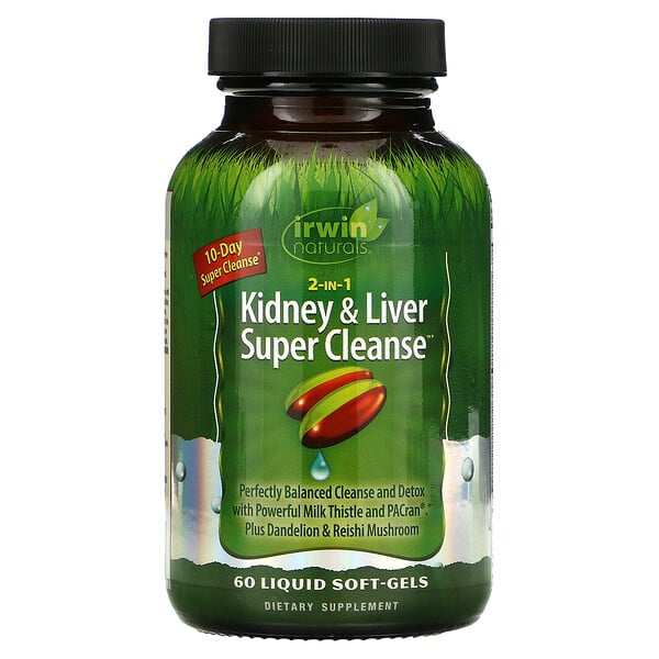 Irwin Naturals, 2 in 1 Kidney & Liver Super Cleanse บรรจุแคปซูลนิ่มบรรจุของเหลว 60 แคปซูล