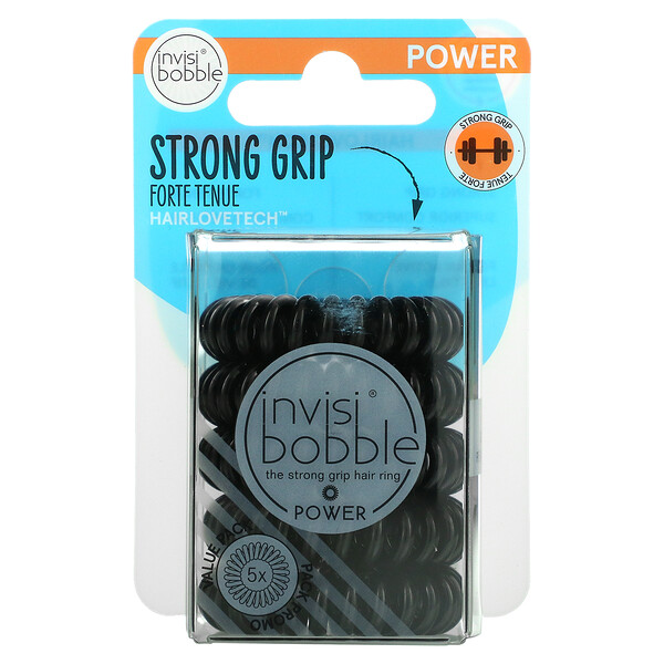 Power, Strong Grip Hair Ring, True Black, 5 Pack