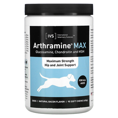 International Veterinary Sciences Arthramine Max, Maximum Strength Hip And Joint Support, Dogs, Bacon, 90 Soft Chews