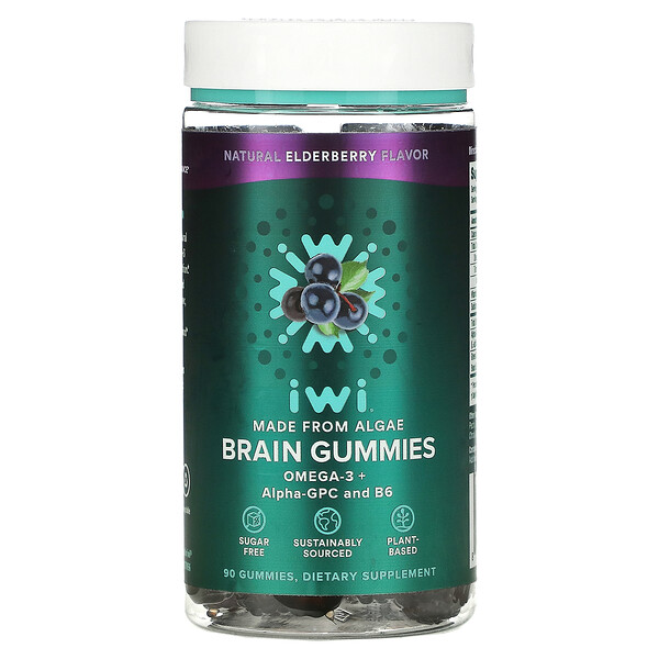 iWi‏, Brain Gummies, Omega-3 + Alpha-GPC And B6, Natural Elderberry, 90 Gummies