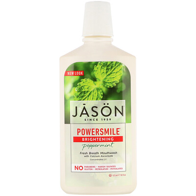 Купить Jason Natural Powersmile, жидкость для полоскания рта с эффектом отбеливания, перечная мята, 473 мл (16 жидких унций)