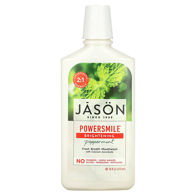 Jason Natural Powersmile, жидкость для полоскания рта с эффектом отбеливания, перечная мята, 473 мл (16 жидких унций)