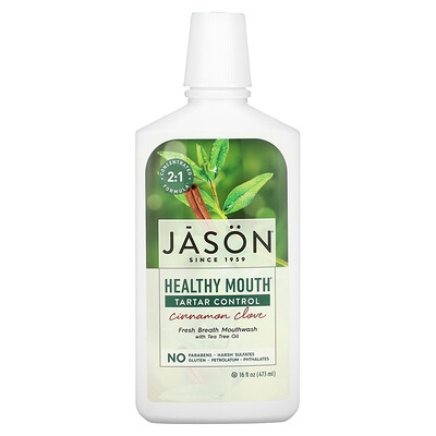 Jason Natural Healthy Mouth, освежающая дыхание жидкость для полоскания рта, предотвращает образование зубного камня, корица и гвоздика, 473 мл (16 жидких унций)