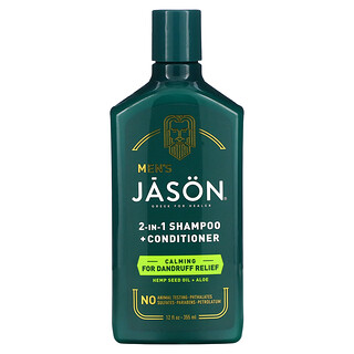 Jason Natural, 男士 2 合 1 洗髮精護髮素，去屑，火麻籽油 + 蘆薈，12 液量盎司（355 毫升）