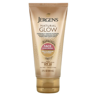 Jergens, Natural Glow, 페이스 데일리 모이스처라이저, SPF 20, 흰 피부 톤부터 중간 피부 톤까지, 2fl oz(59ml)
