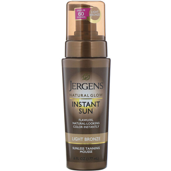 Jergens‏, זוהר טבעי, אינסטנט שמש, מוס שיזוף ללא שמש, ברונזה בהירה, 177 מ"ל (6 אונקיות נוזל)