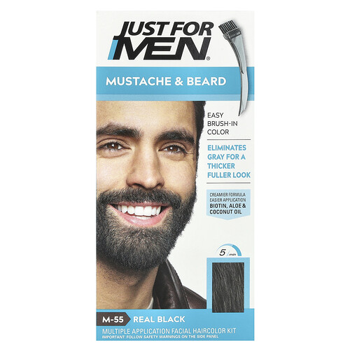 Just for Men, Mustache & Beard, Easy Brush-In Color, M-55 Real Black, 1 Multiple Application Kit