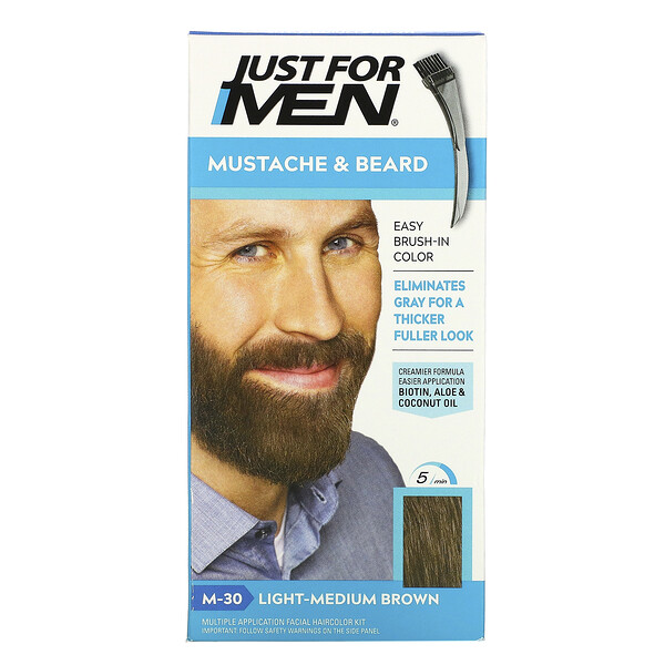 Just for Men‏, Mustache & Beard, Brush-In Color, M-30 Light-Medium Brown , 1 Multiple Application Kit