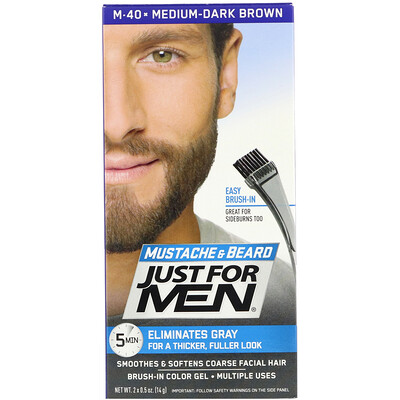 Just for Men Mustache & Beard, гель для окрашивания усов и бороды с кисточкой в комплекте, оттенок темно-коричневый M-40, 2 шт. по 14 г