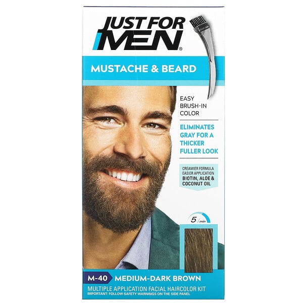 Just for Men, Mustache & Beard, Brush-In Color Gel, Medium-Dark Brown M-40, 2 x 14 g