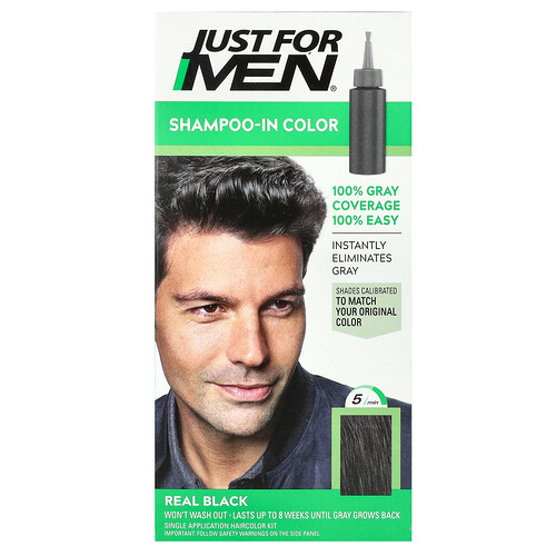 Just For Men Shampoo-In-Color, Real Black H-55, Single Application Haircolor Kit