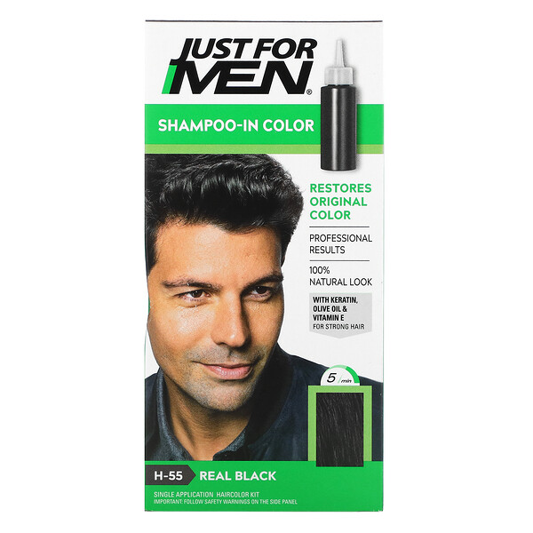 Just for Men, Sampo Pewarna Rambut, Real Black H-55 (Warna Hitam), Paket Pewarna Rambut Sekali Pakai
