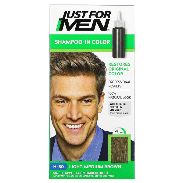 Shampoo-In Color, Men's Hair Color, Light-Medium Brown H-30, Single Application Haircolor Kit
