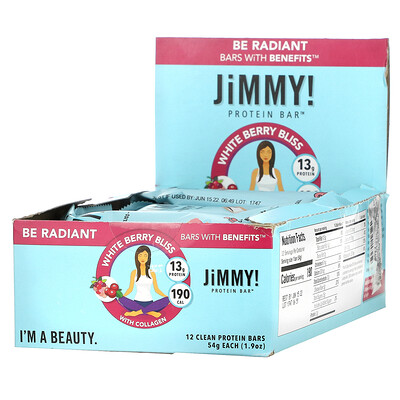 Купить JiMMY! Be Radiant Bars With Benefits, White Berry Bliss, 12 протеиновых батончиков, 54 г (1, 9 унции)