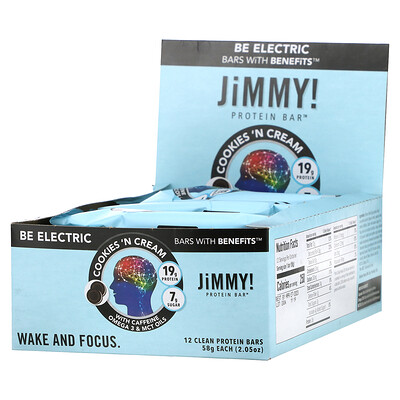 JiMMY! Be Electric Bars With Benefits, печенье с кремом, 12 протеиновых батончиков, 58 г (2,05 унции)