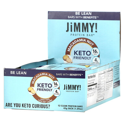 JiMMY! Be Lean Bars With Benefits, орех макадамия, 12 протеиновых батончиков, 45 г (1,59 унции)