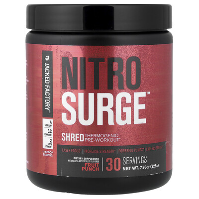 Product Image for Jacked Factory, Nitro Surge , Shred Thermogenic Pre-Workout, Fruit Punch, 7.93 oz. (225 g)