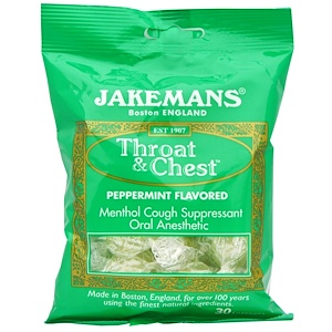 Jakemans, Леденцы от кашля Throat & Chest со вкусом мяты перечной, 30 леденцов