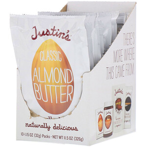 Отзывы о Джастин Нат Баттэр, Classic Almond Butter, All-Natural, 10 Squeeze Packs, 1.15 oz (32 g) Per Pack