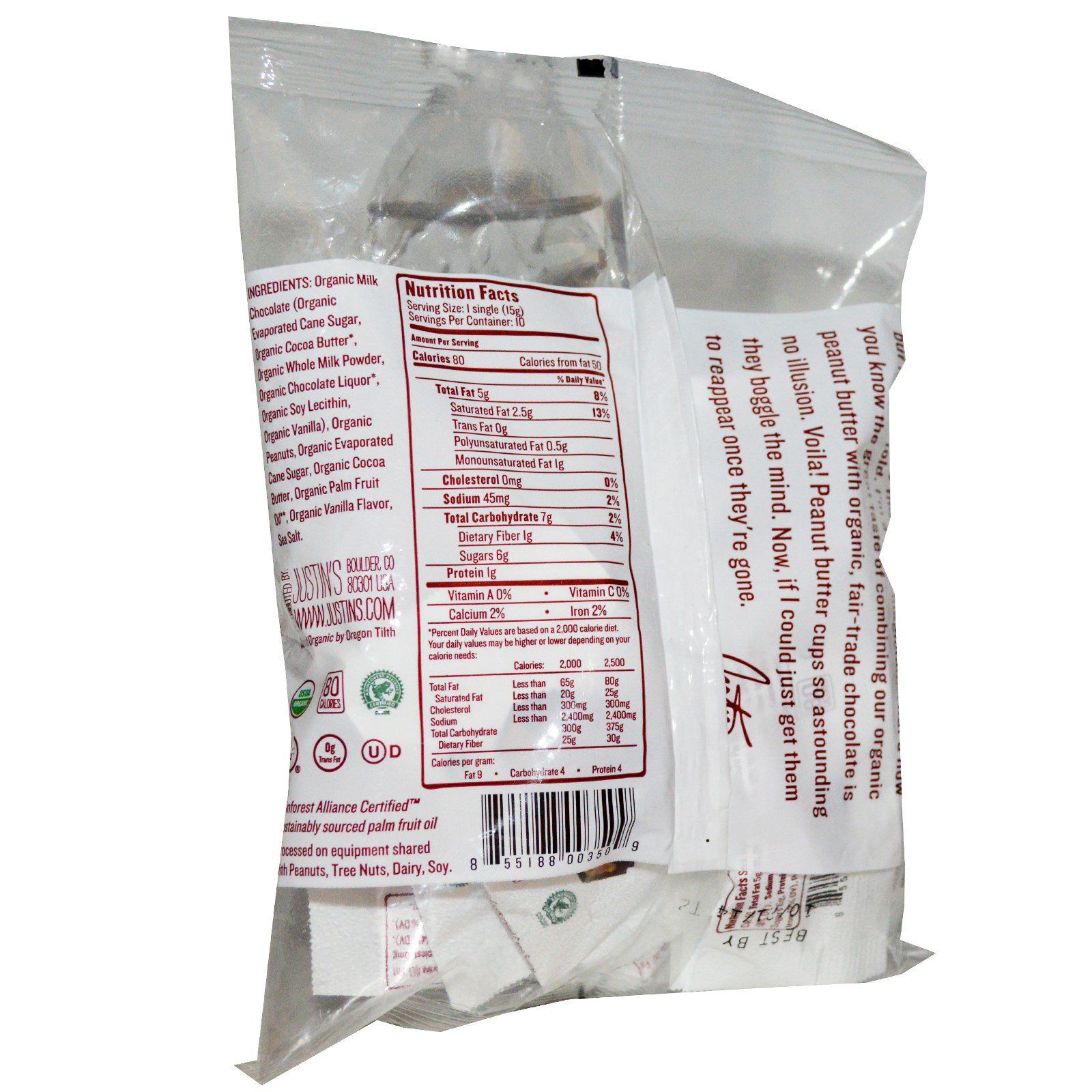 Justin's Nut Butter, Organic Peanut Butter Cups, Milk Chocolate, 10