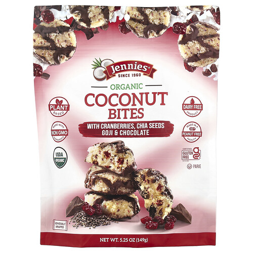 Jennies Macaroons Organic Coconut Bites, with Cranberries, Chia Seeds, Goji & Chocolate, 5.25 oz (149 g)