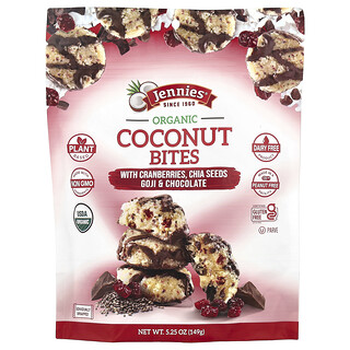 Jennies Macaroons, Bouchées à la noix de coco biologique, avec canneberges, graines de chia, baies de goji et chocolat, 149 g