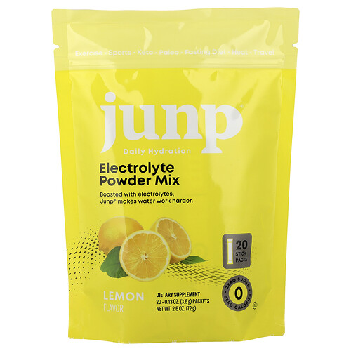 JUNP Hydration, Electrolyte Powder Mix, Elektrolytpulvermischung, Zitrone, 20 Sticks, je 3,6 g (0,13 oz.).
