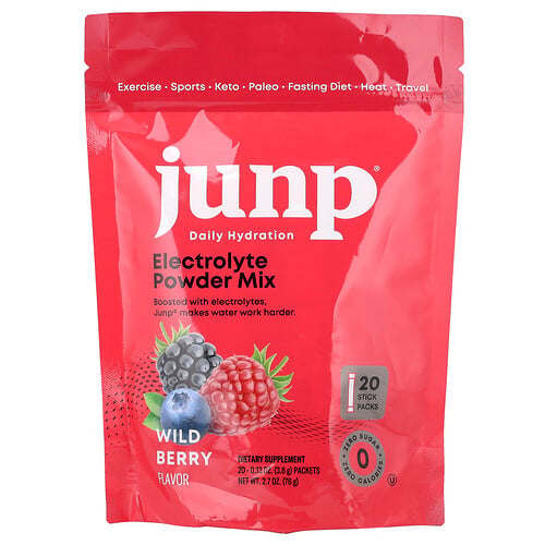 JUNP Hydration, Μείγμα σκόνης ηλεκτρολυτών, άγρια μούρα, 20 συσκευασίες στικ, 0,13 oz (3,8 g)