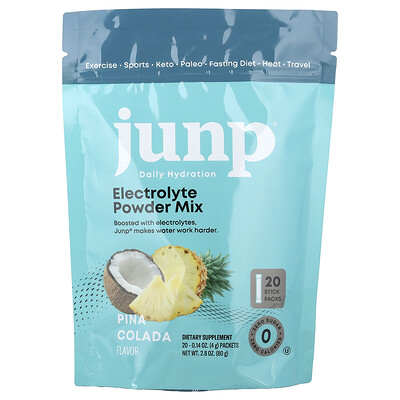 JUNP Hydration, Mezcla de electrolitos en polvo, Piña colada, 20 sobrecitos, 4 g (0,14 oz) cada uno