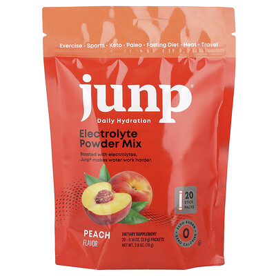 JUNP Hydration, Mezcla de electrolitos en polvo, Melocotón, 20 sobrecitos, 3,9 g (0,14 oz) cada uno