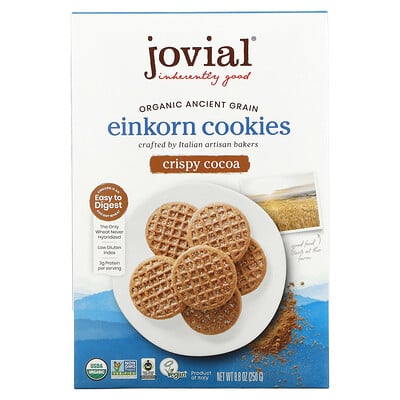 Jovial Органическое печенье из пшеницы-однозернянки, хрустящее, с какао, 8,8 унций (250 г)