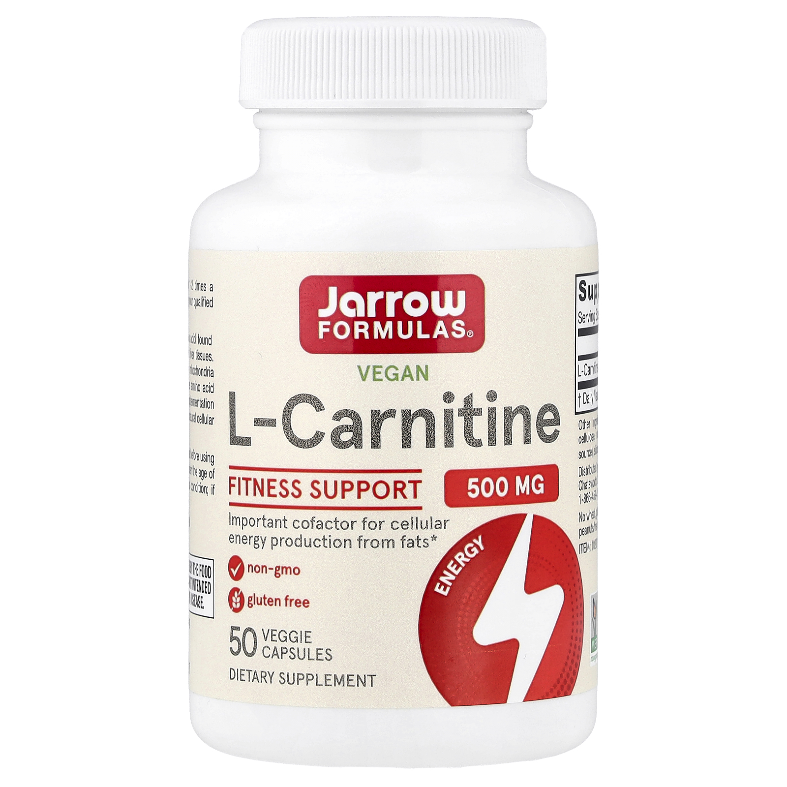 Jarrow Formulas (자로우포뮬러스), L-카르니틴, 500mg, 베지 캡슐 50정