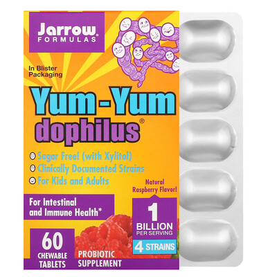 

Jarrow Formulas Yum-Yum Dophilus без сахара ! натуральный малиновый вкус 60 жевательных таблеток