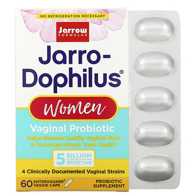 Jarrow Formulas Jarro-Dophilus, вагинальные пробиотики, женское здоровье, 5 млрд, 60 покрытых желудочно-резистентной оболочкой вегетарианских капсул
