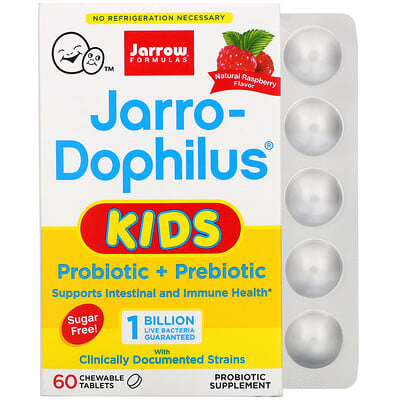 

Jarrow Formulas Jarro-Dophilus Kids, Probiotic + Prebiotic, Sugar Free, Natural Raspberry Flavor, 1 Billion Live Bacteria, 60 Chewable Tablets