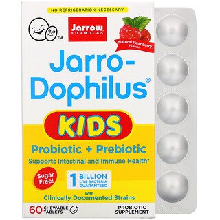 Jarrow Formulas, Jarro-Dophilus Kids, пробиотик + пребиотик, без сахара, натуральный малиновый вкус, 1 миллиард живых бактерий, 60 жевательных таблеток