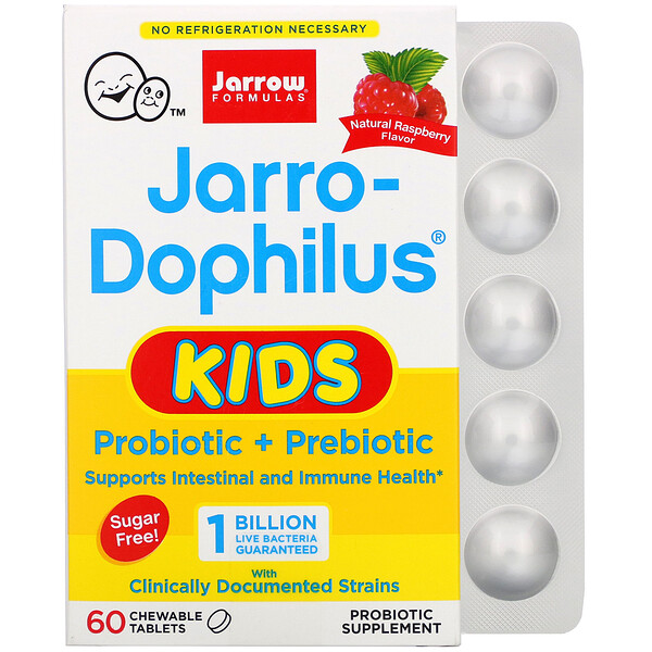 Jarro-Dophilus 어린이용, 프로바이오틱 + 프리바이오틱, 설탕 무함유, 천연 라즈베리 맛, 10억 생균, 츄어블 정 60정