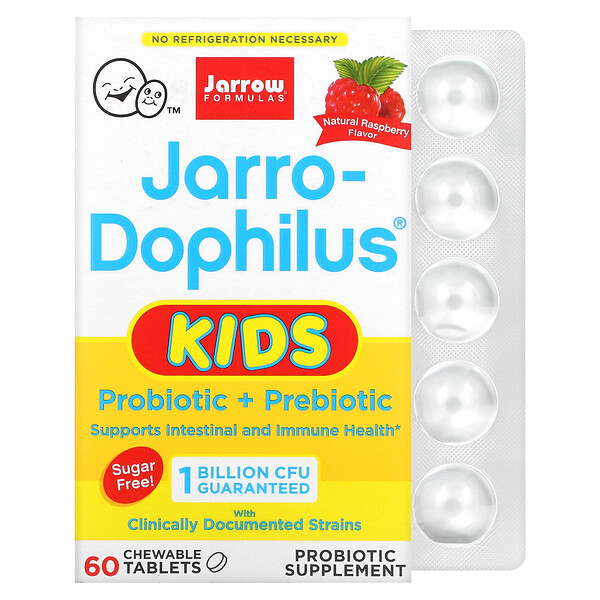 Jarrow Formulas‏, Jarro-Dophilus Kids, Probiotic + Prebiotic, Sugar Free, Natural Raspberry Flavor, 1 Billion Live Bacteria, 60 Chewable Tablets