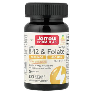 Jarrow Formulas, Vegan Methyl B-12 &; Methyl Folate, Έξτρα Αντοχή, Λεμόνι, 100 Μασώμενα Δισκία