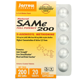 Jarrow Formulas, SAM-e (S-adenosil-L-metionina) 200, 200 mg, 20 tabletes com revestimento entérico
